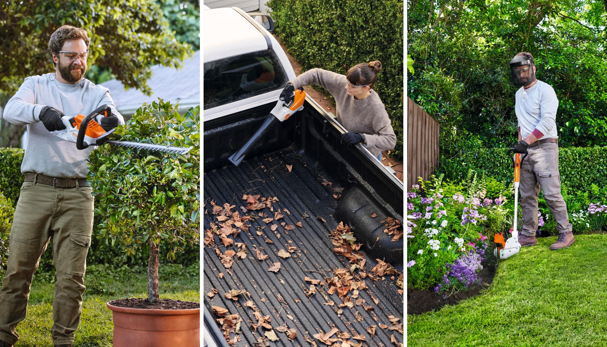 STIHL ASシステムの製品、バッテリーヘッジトリマーHSA 40、バッテリーハンドクリーナーSEA 20、バッテリー刈払機FSA 30