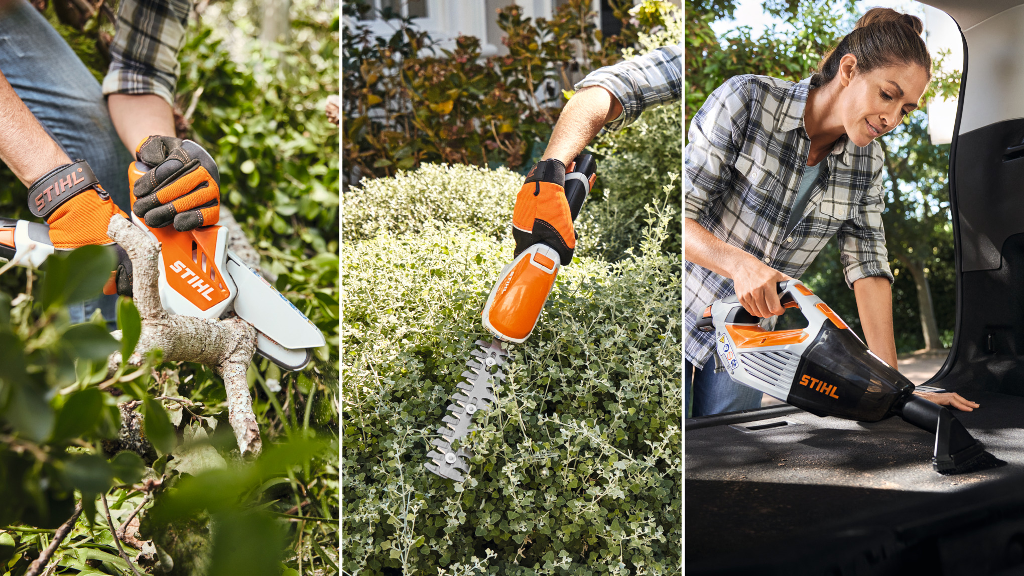  STIHL AS システムの製品、バッテリーガーデンカッターGTA 26、バッテリーガーデンバリカンHSA 26、バッテリーハンドクリーナーSEA 20
